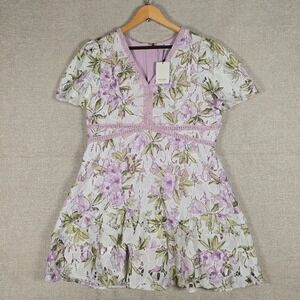 Societe Short Story Floral Eyelet Lace Mini Dress Lavender Green XLP Petite